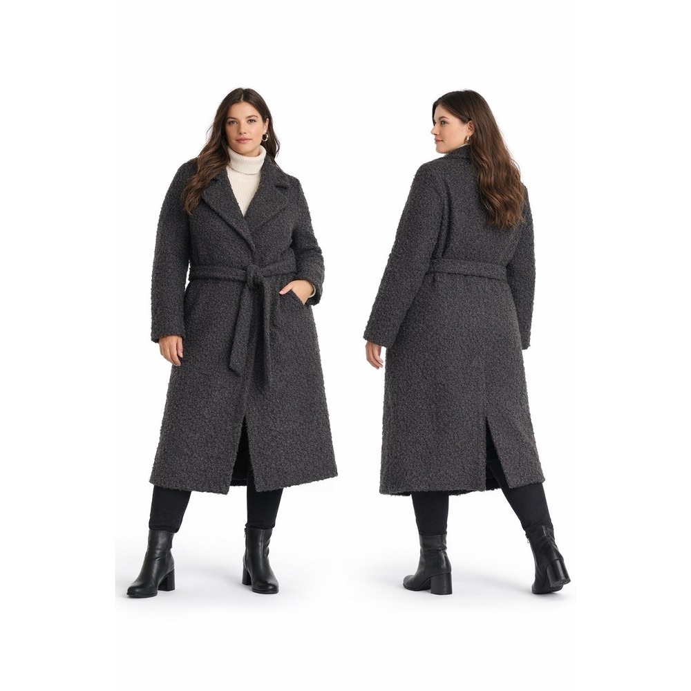 H&M Teddy Boucle Belted Coat Womens Size 12 Gray Long Textured Winter Jacket‎